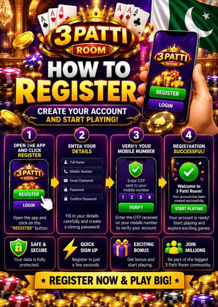 3 Patti No 1 registration guide showing how to create an account, enter details, verify a mobile number with OTP, and complete registration.